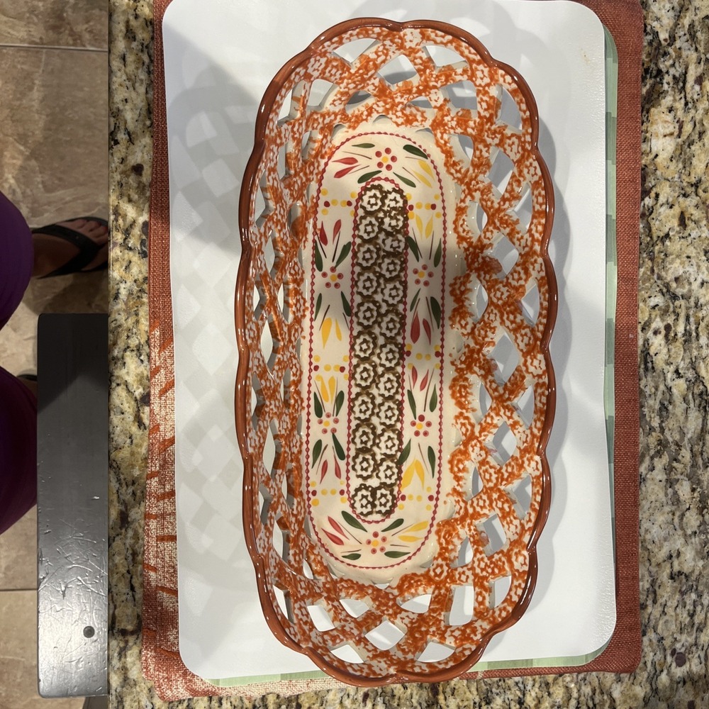 Temptations Old World Orange Oval Lattice Bread Serving Basket New 14.5"x7"